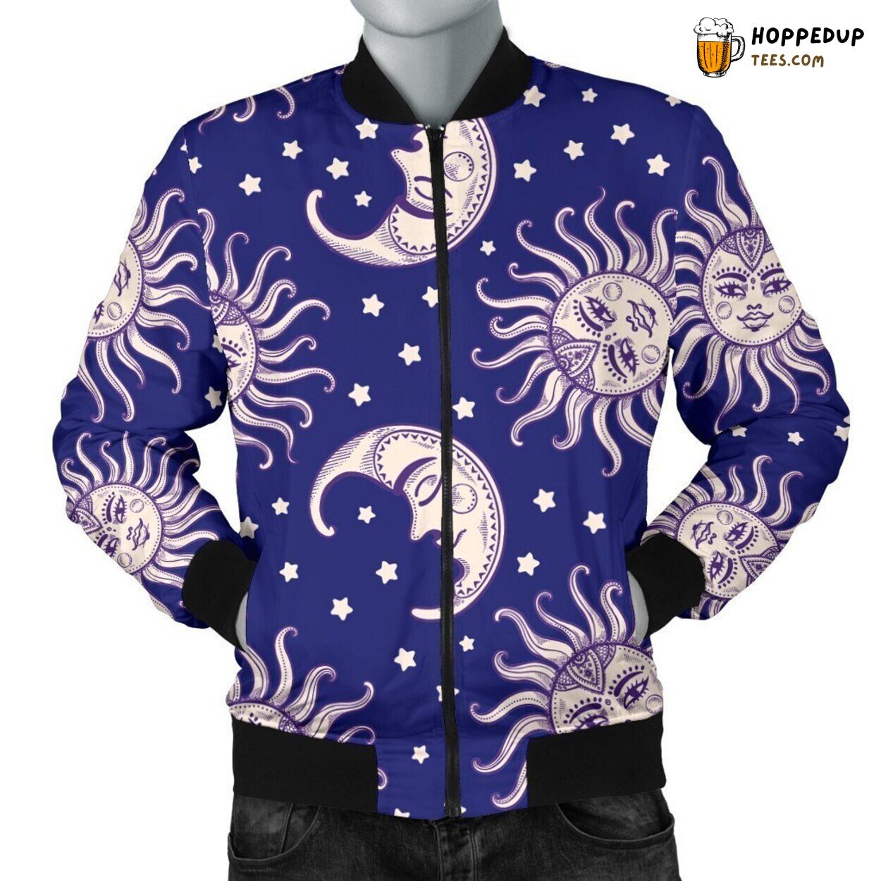Celestial Sun Moon Dance Men’s Bomber Jacket Astral Pattern Design Elegance