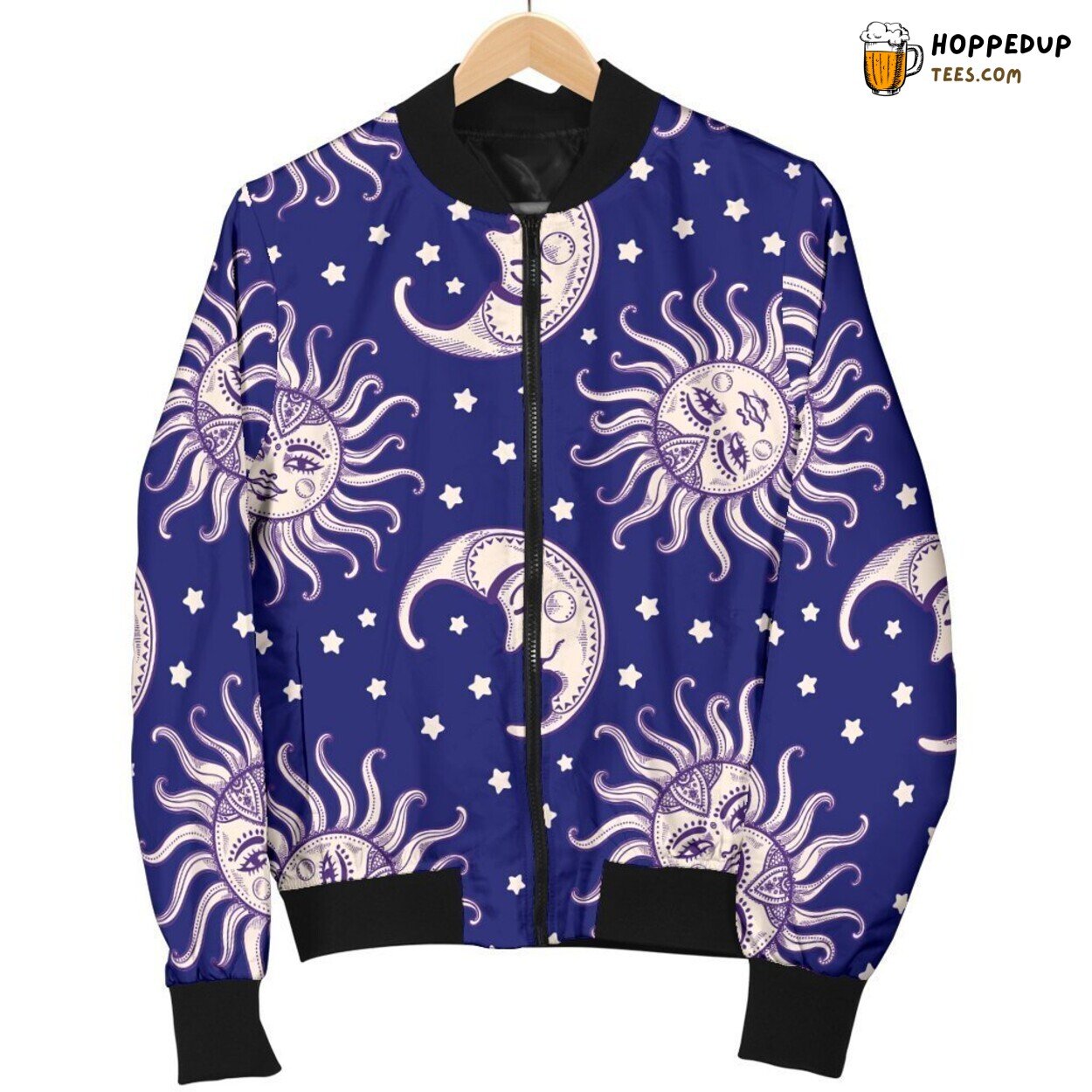 Celestial Sun Moon Dance Men’s Bomber Jacket Astral Pattern Design Elegance