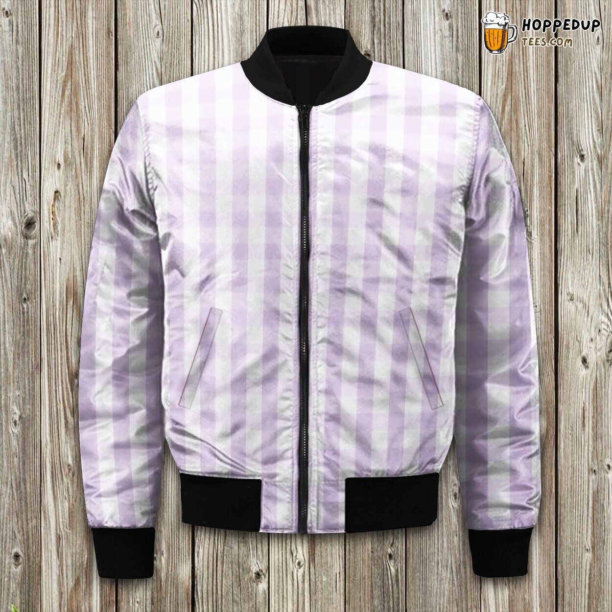 Chalky Pale Lilac Pastel And White Gingham Check Plaid Bomber Jacket