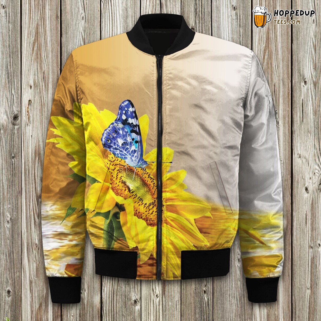 Charming Sunflower And Blue Butterfly Bomber Jacket