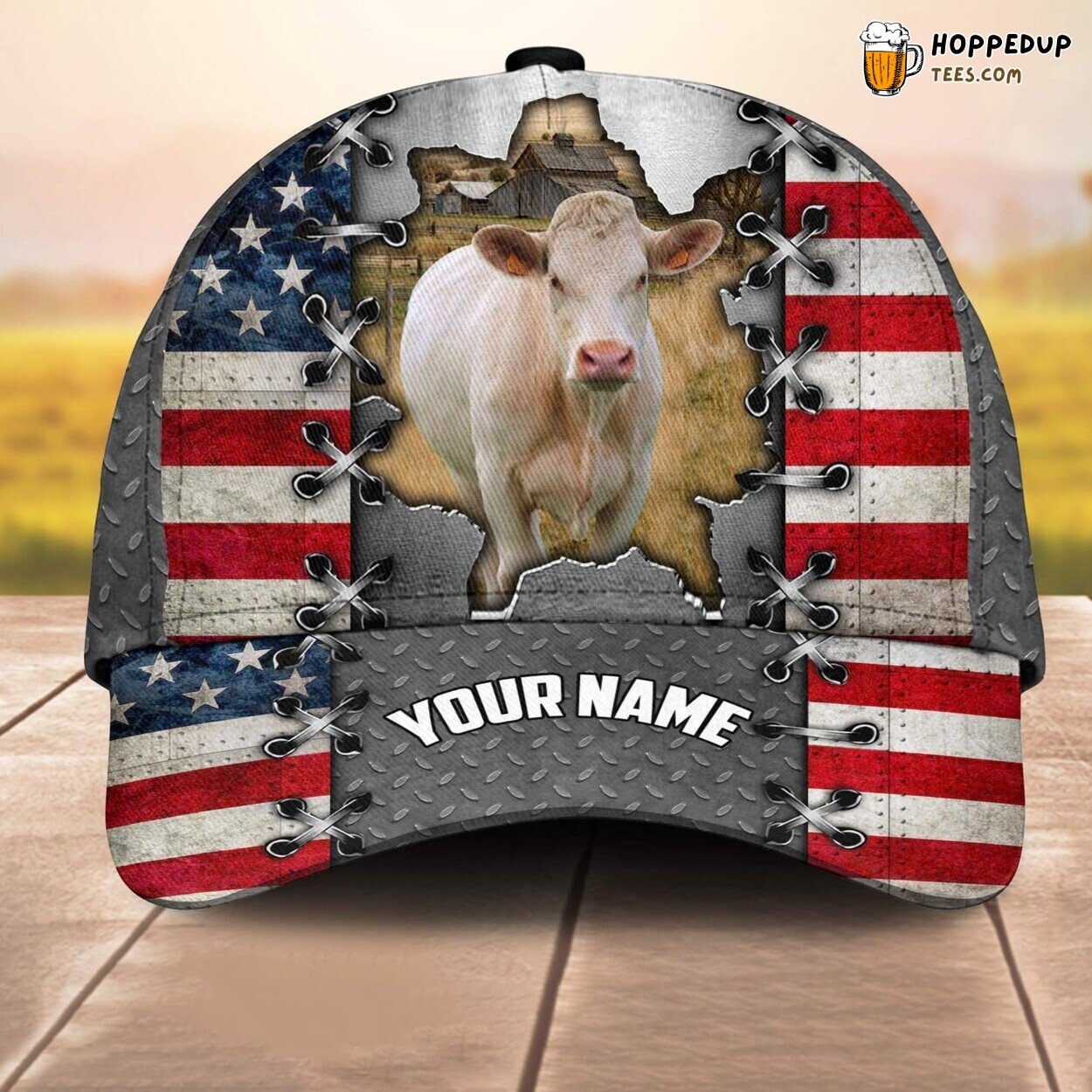 Charolais 3D US Flag Leather Pattern Custom Cap Baseball Animal Farm Enthusiasts