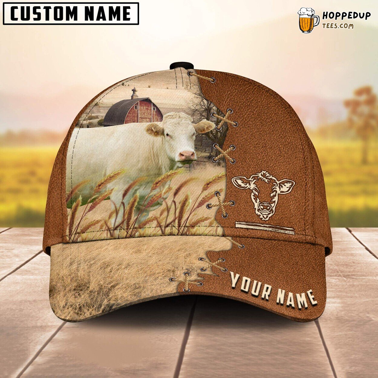Charolais Brown Leather Name 3D Cap Baseball Design Farm Lovers Leather Animal