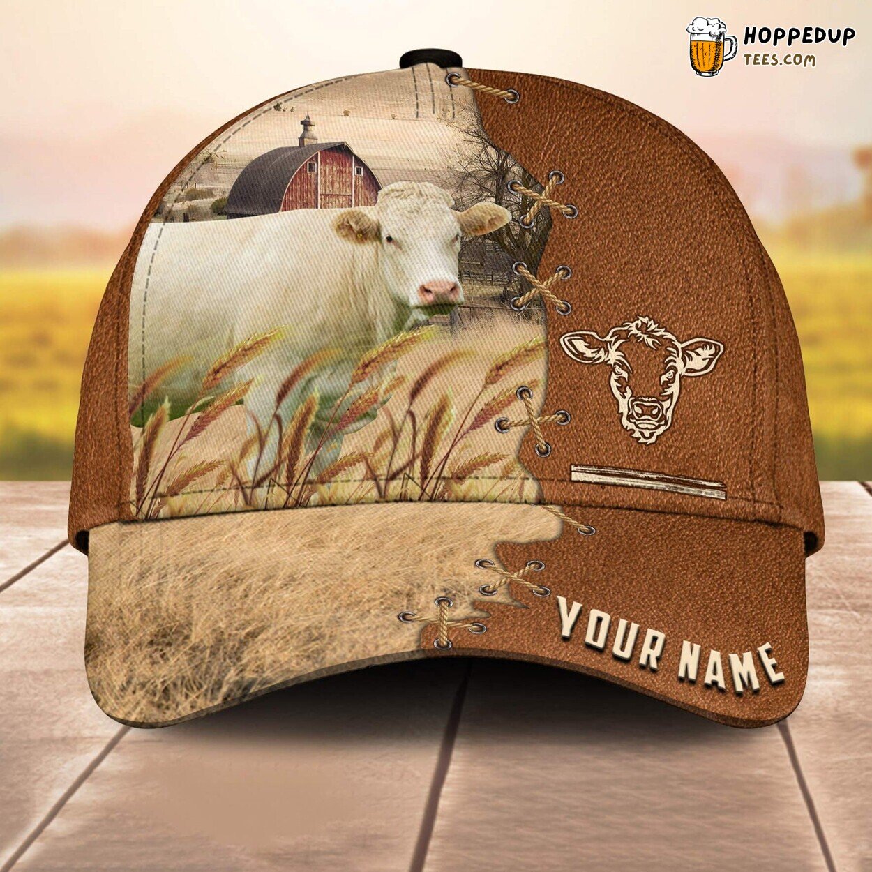 Charolais No Horn Name Brown Leather 3D Cap Baseball Print Farm Lovers Animal