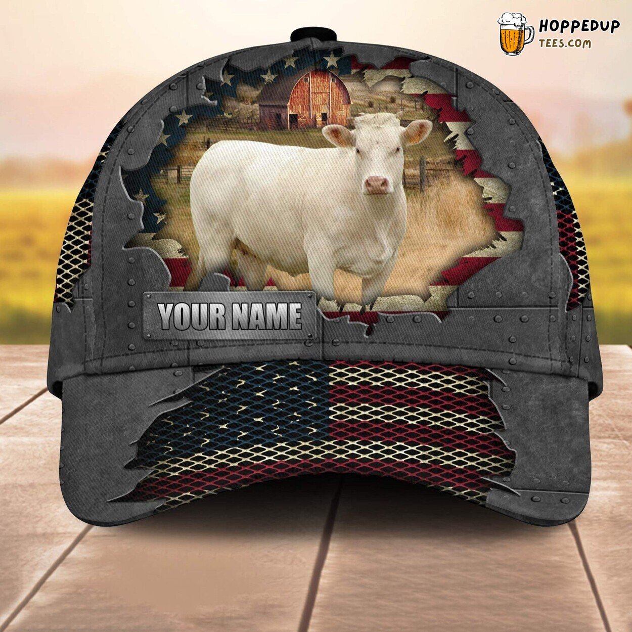 Charolais US Flag Custom Baseball Cap Farm Lovers 3D Print Animal Leather