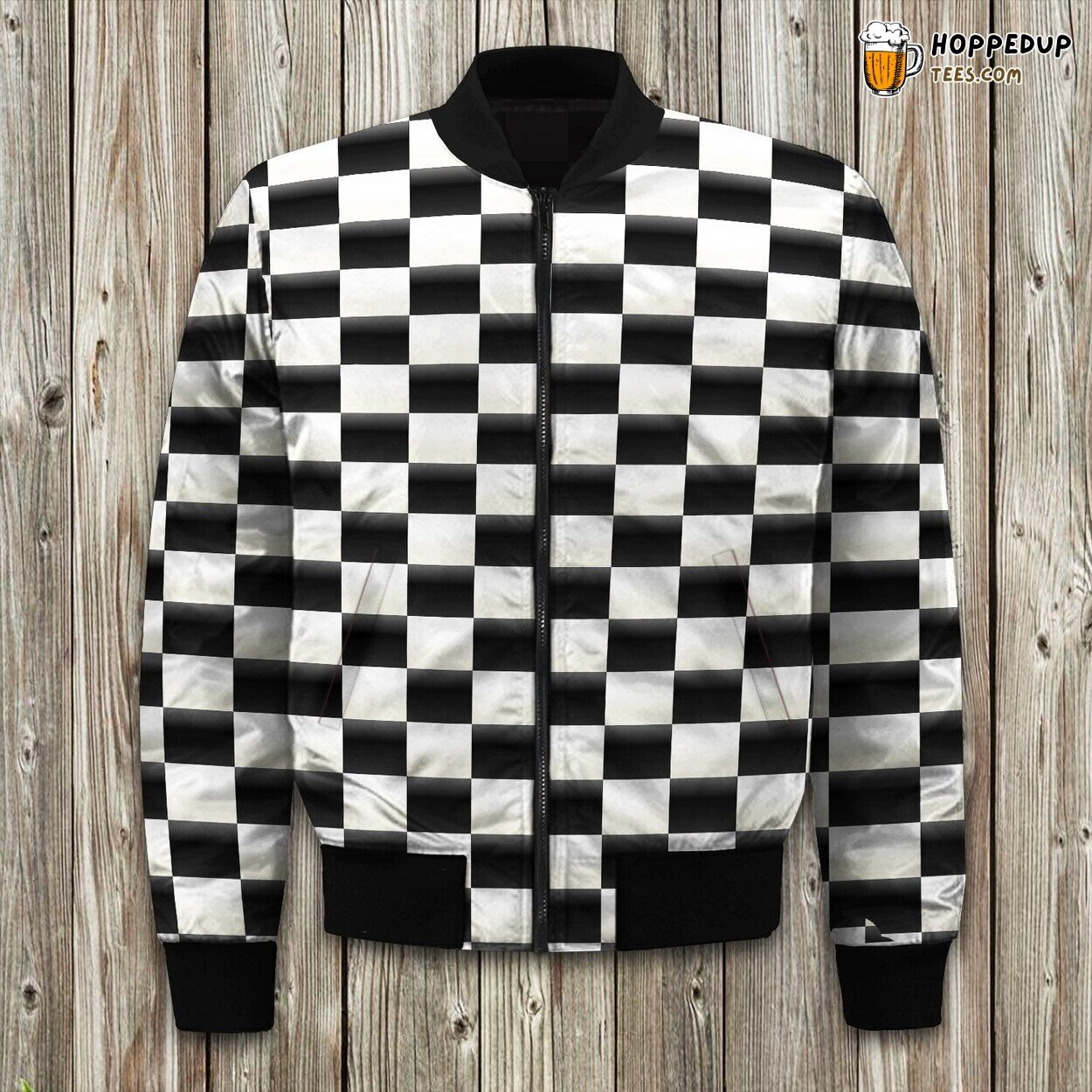 Checkered Flag Print Pattern Bomber Jacket