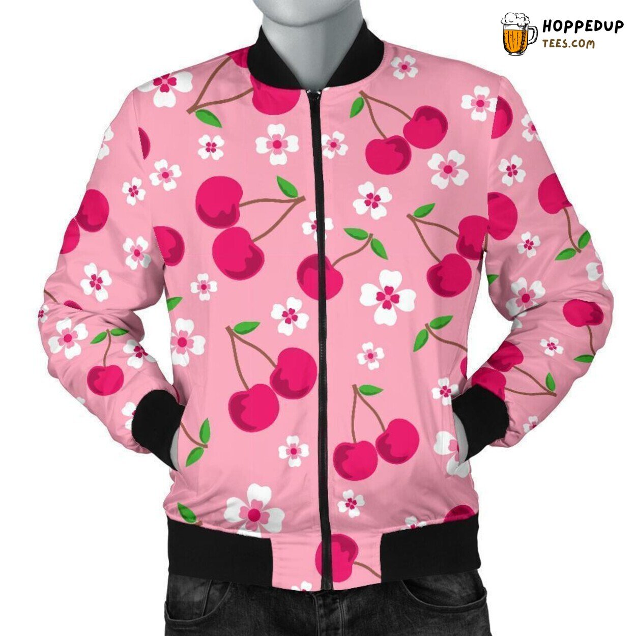 Cherry Amidst Florals Men’s Bomber Jacket Unique Pattern Design Art Essence