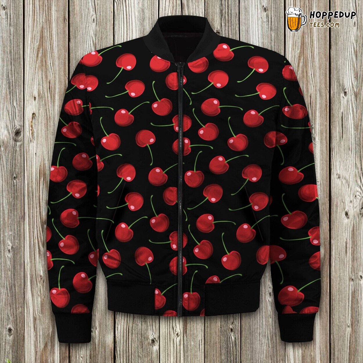 Cherry Black Background Bomber Jacket