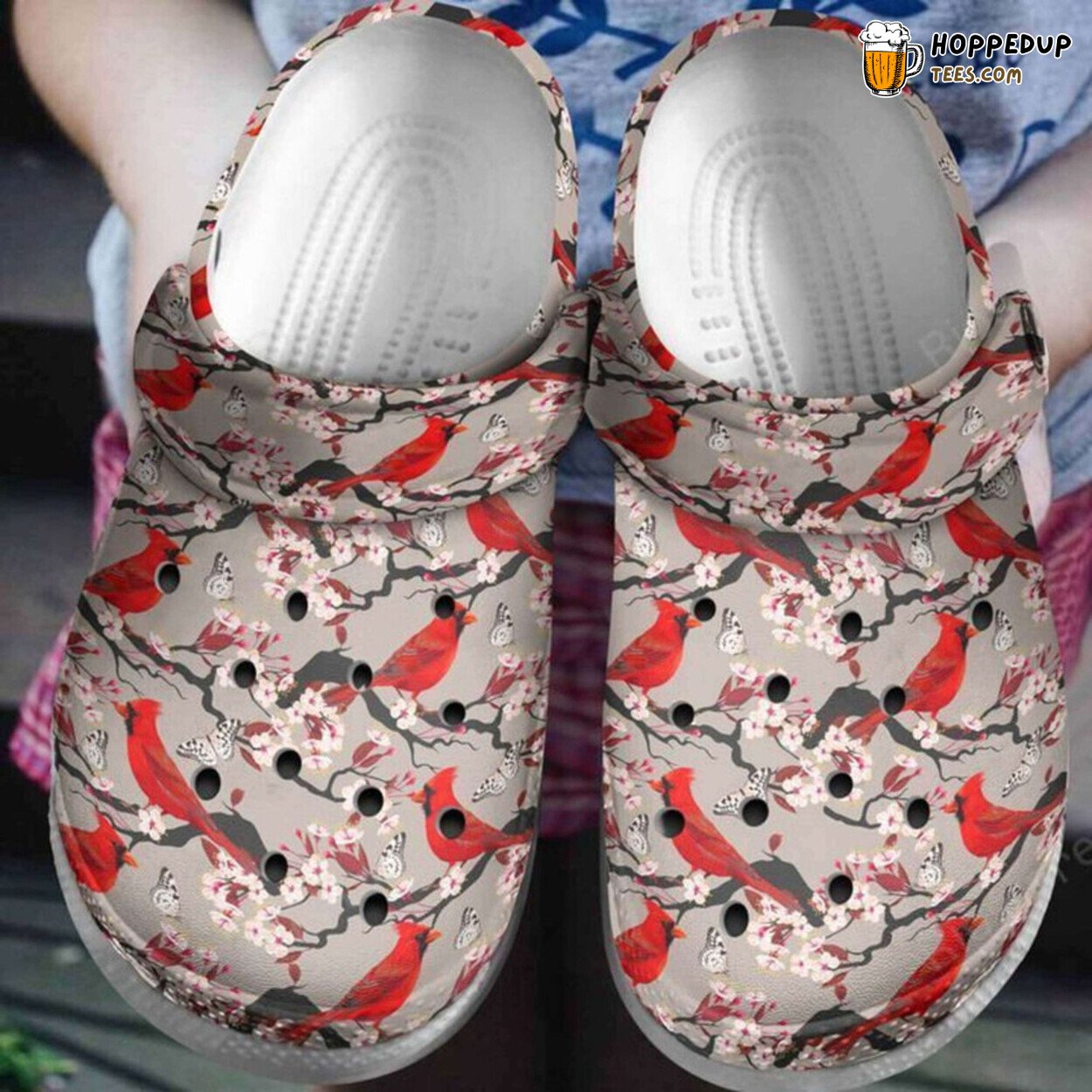 Cherry Blossom Cardinal Themed Rubber Clog Shoes Comfy Footwear for Nature Fans