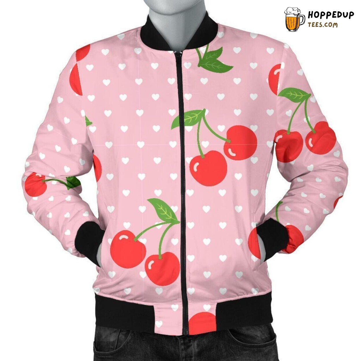 Cherry Heart Dot Delight Men’s Bomber Jacket Unique Pattern Essence Display