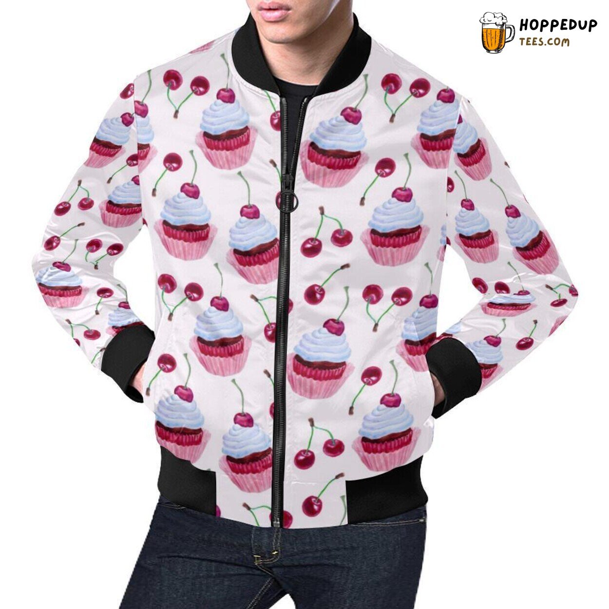 Cherry Themed Cupcake Pattern Print Men’s Bomber Jacket Unique Design Cherry Themed Cupcake Pattern Print Men’s Bomber Jacket Unique Design