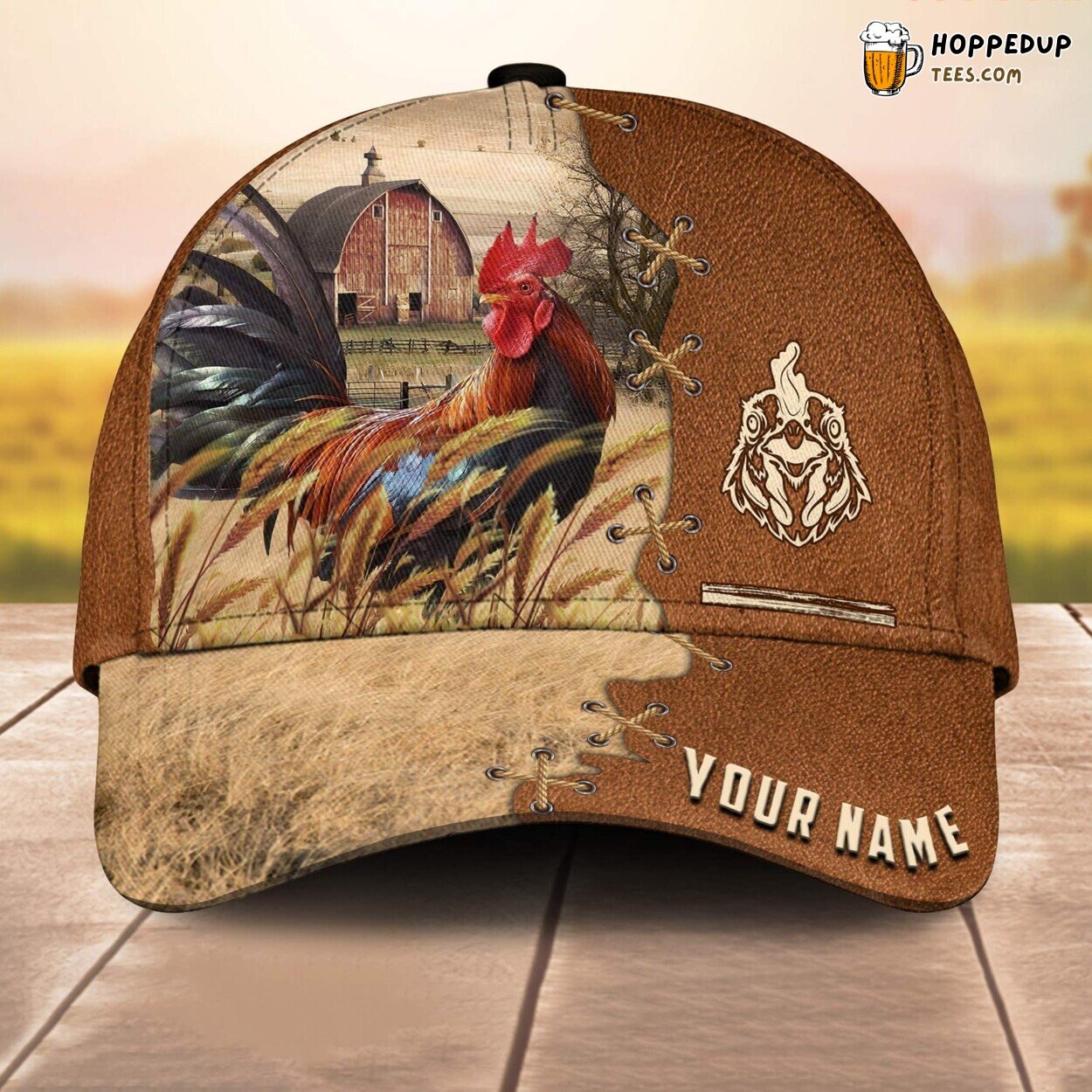 Chicken Brown Leather Name 3D Cap Baseball Design Farm Lovers Animal Pattern