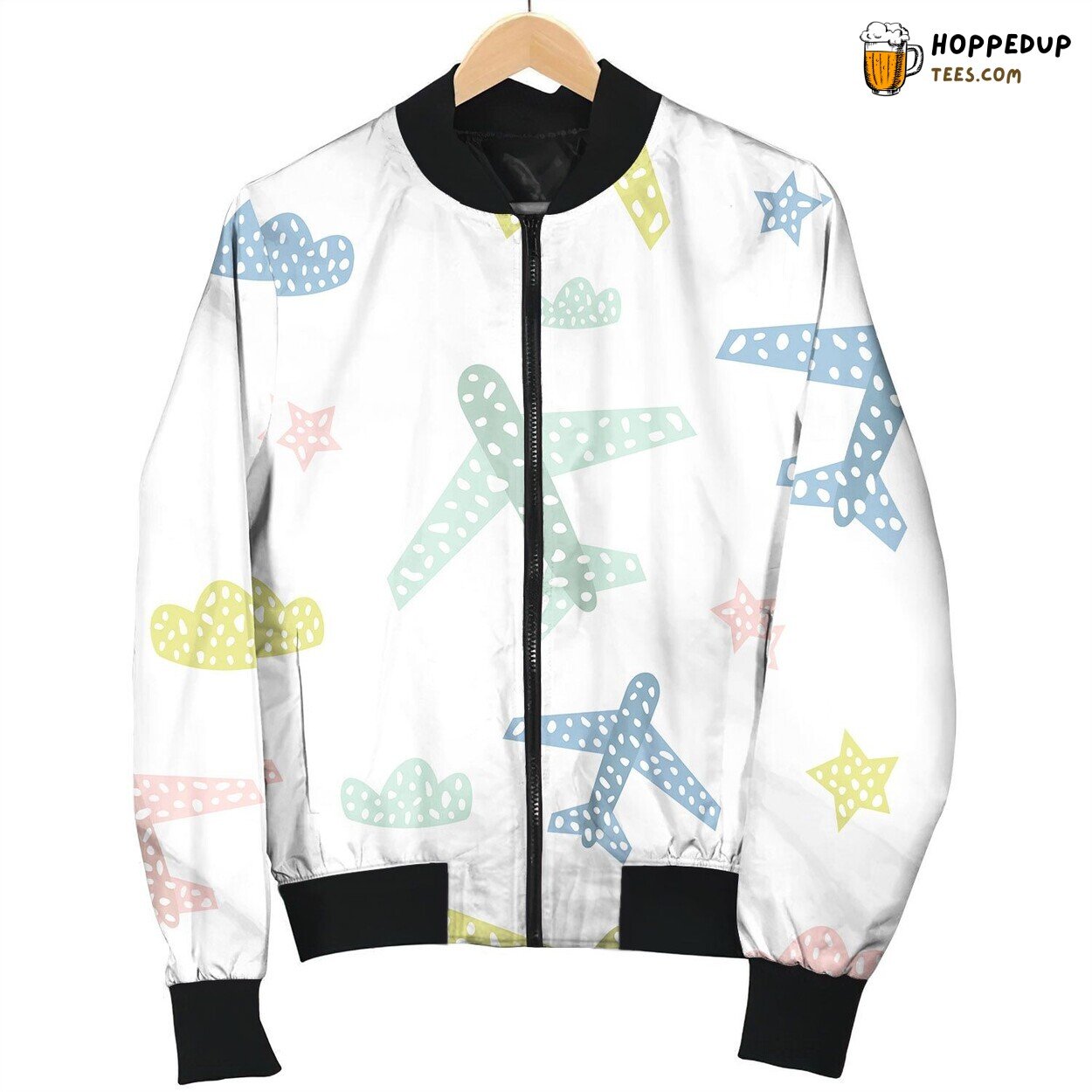 Childish Seamless Pattern Cute Airplanes Clouds Bomber Jacket