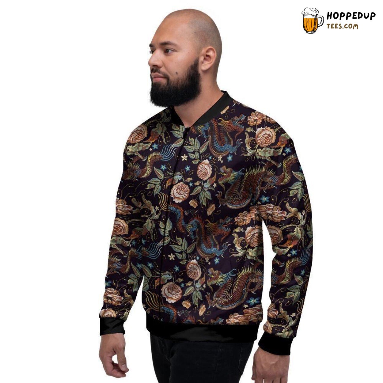Chinese Dragon Floral Vintage Men’s Bomber Jacket Mythical Creature Design Wear