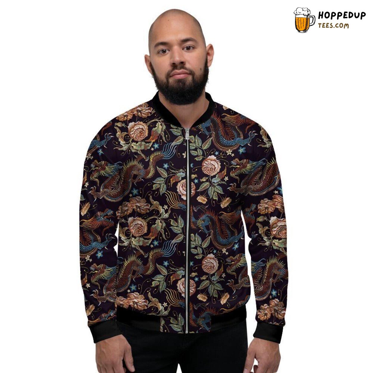 Chinese Dragon Floral Vintage Men’s Bomber Jacket Mythical Creature Design Wear
