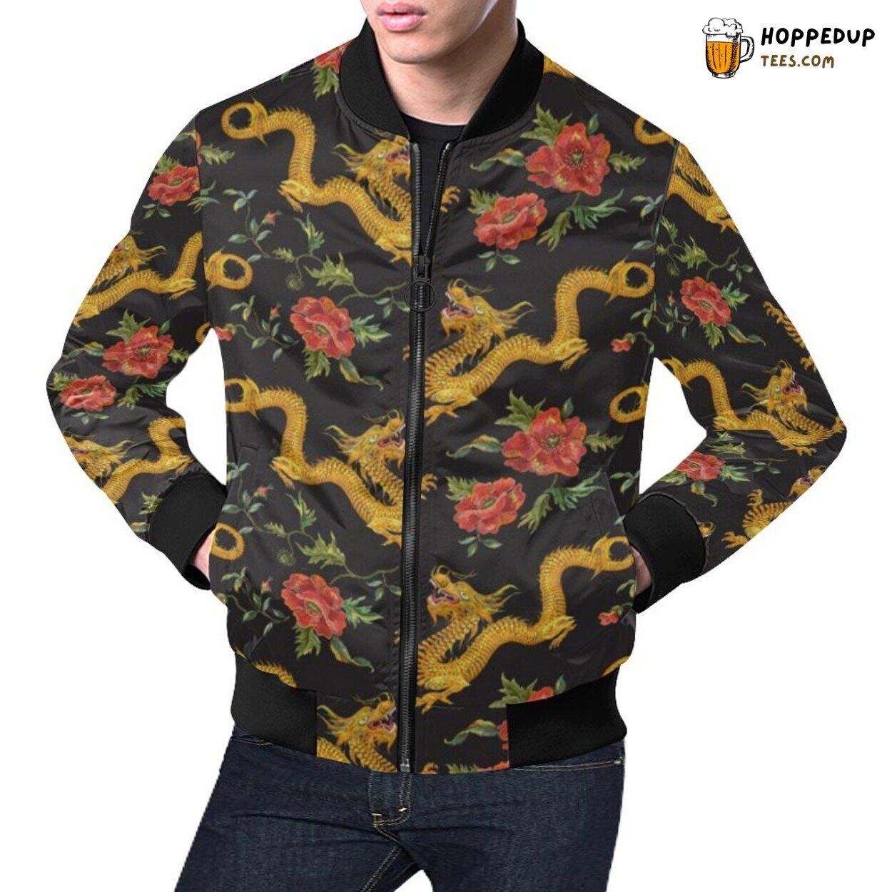 Chinese Dragon Rose Pattern Print Men’s Traditional Bomber Jacket