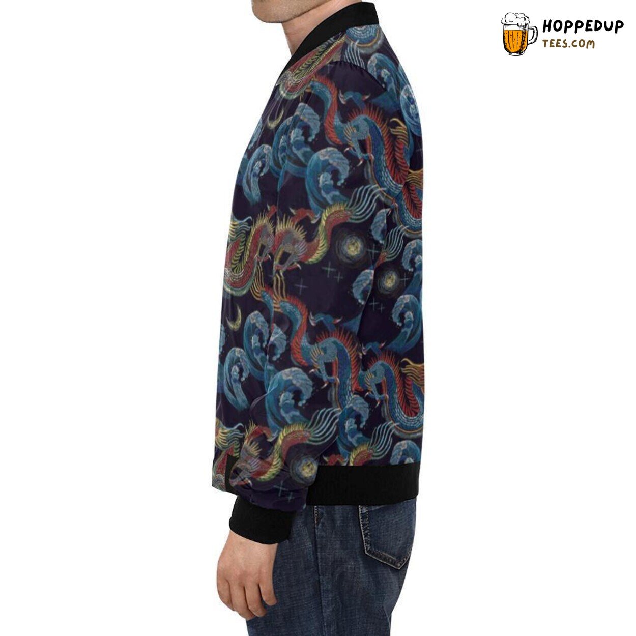Chinese Wave Dragon Pattern Men’s Bomber Jacket Traditional Print