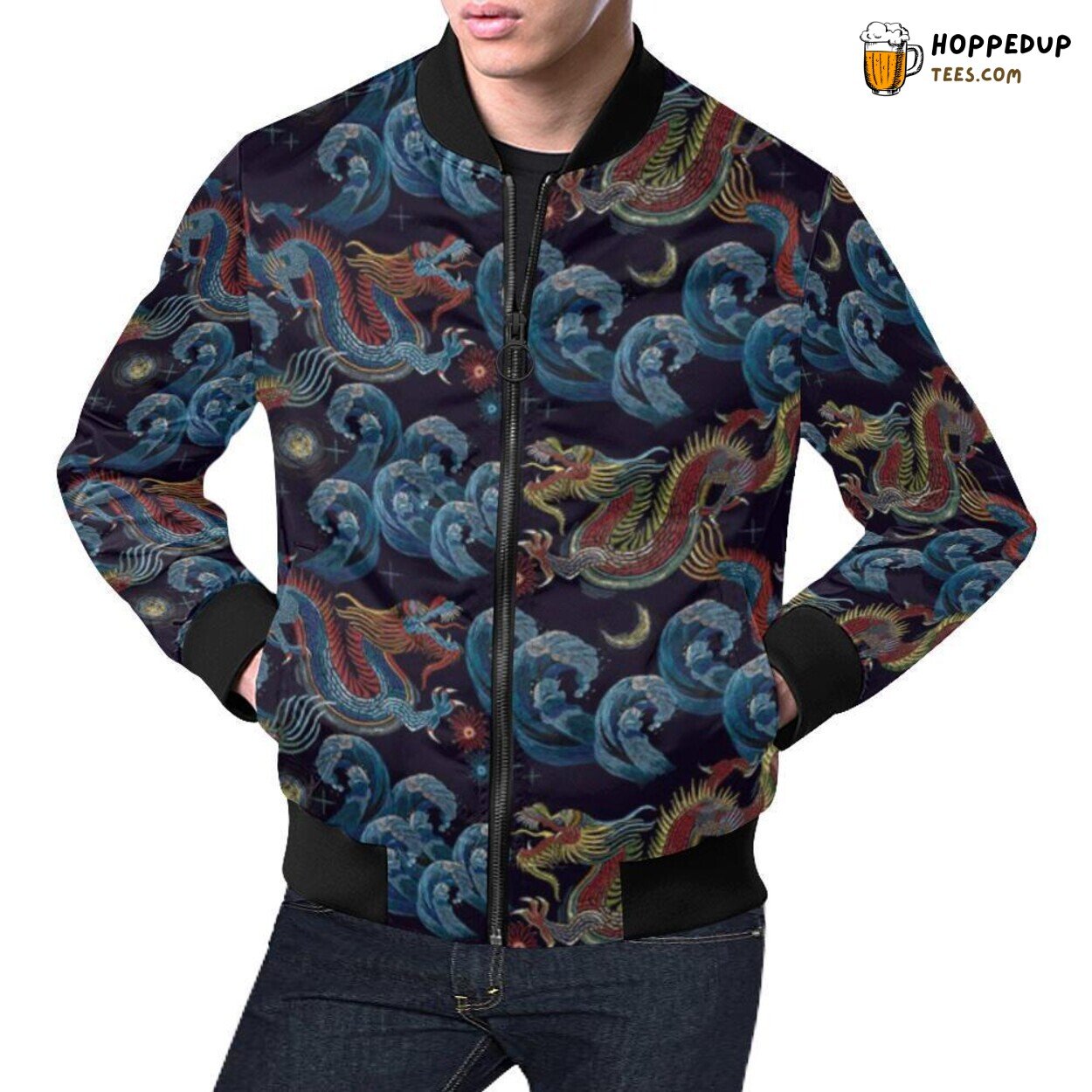 Chinese Wave Dragon Pattern Men’s Bomber Jacket Traditional Print