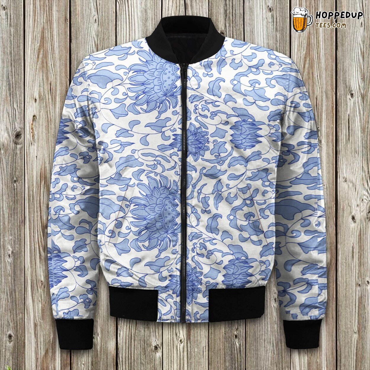 Chinoiserie Vines In Delft Blue White Bomber Jacket