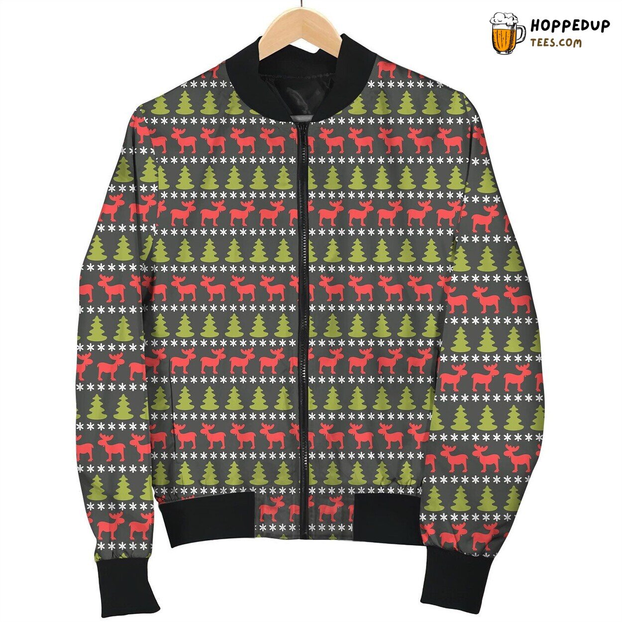 Christmas Moose And Pine Xmas Tree Winter Pattern Bomber Jacket