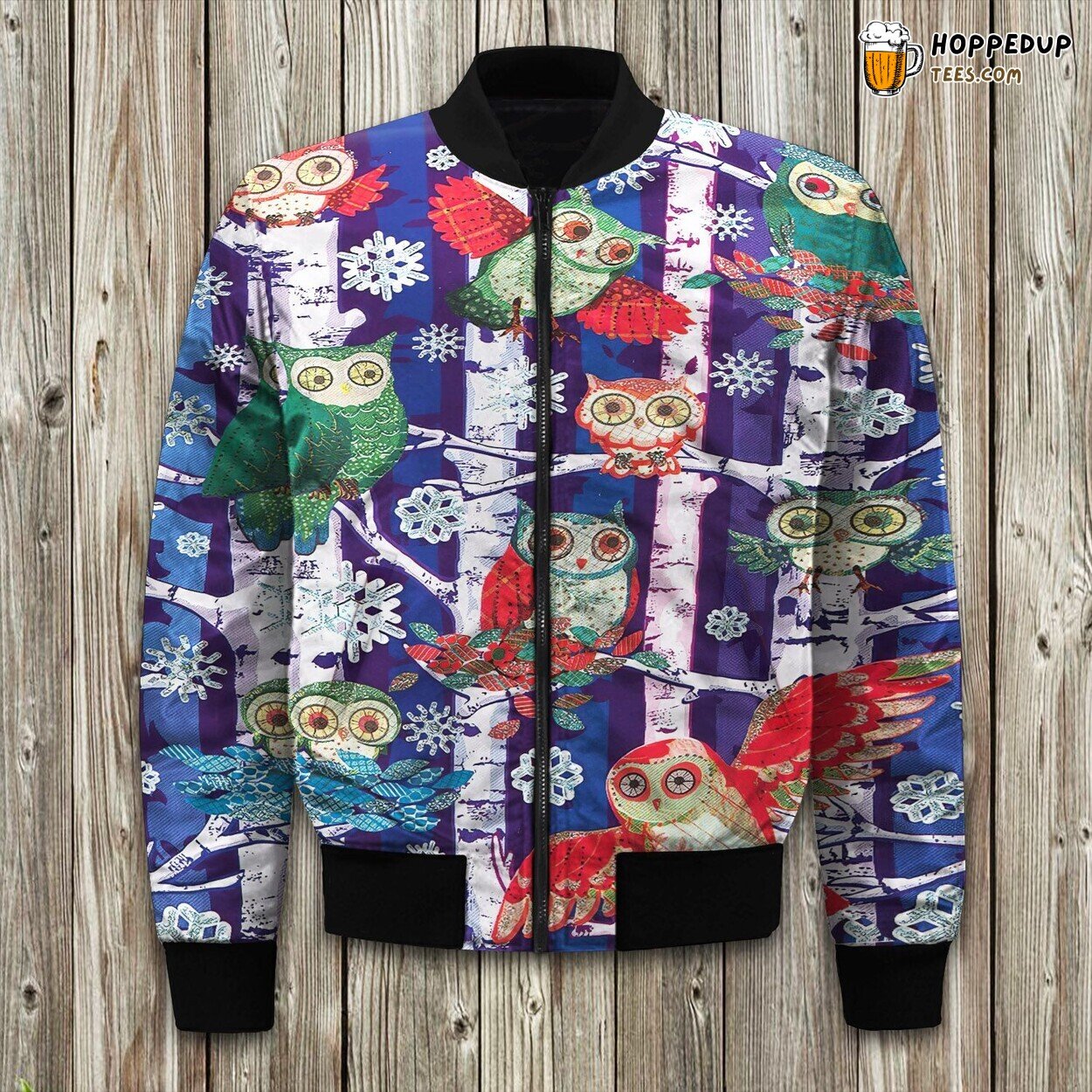 Christmas Owls Art Winter Bomber Jacket Nighttime Festive Design
