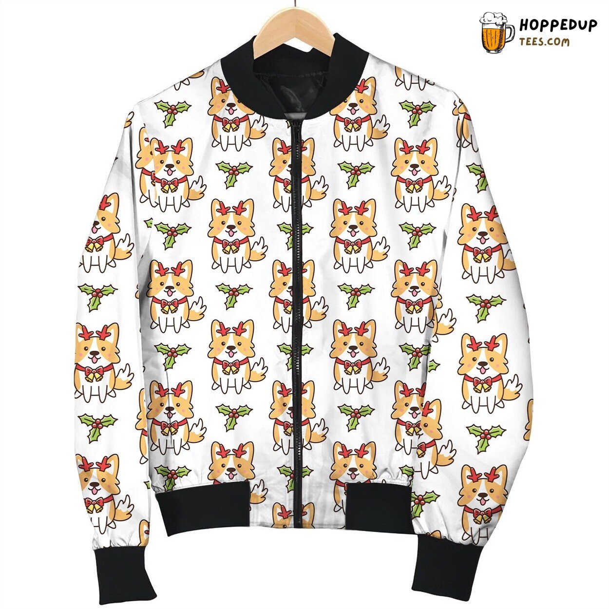 Christmas Reindeer Corgi Wearing Bell With Xmas Mistletoe Bomber Jacket