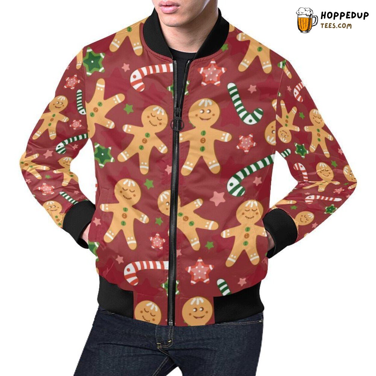 Christmas Theme Red Gingerbread Man Print Pattern Men’s Bomber Jacket Christmas Theme Red Gingerbread Man Print Pattern Men’s Bomber Jacket