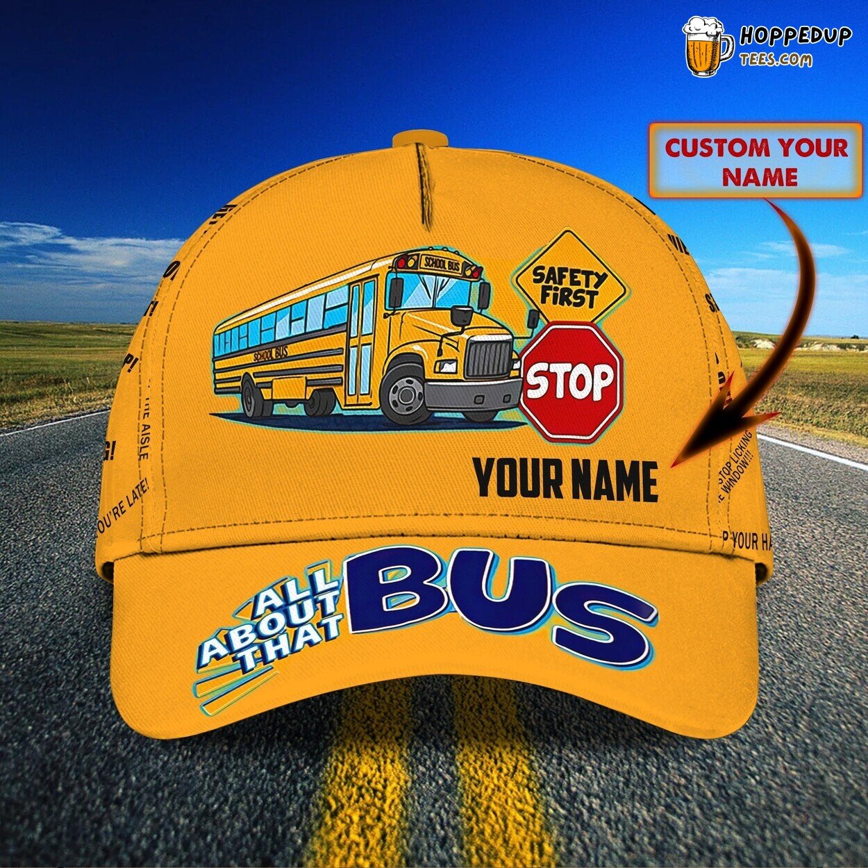 Classic 3D Cap Humorous School Bus Design Personalized Name Unique Road Style
