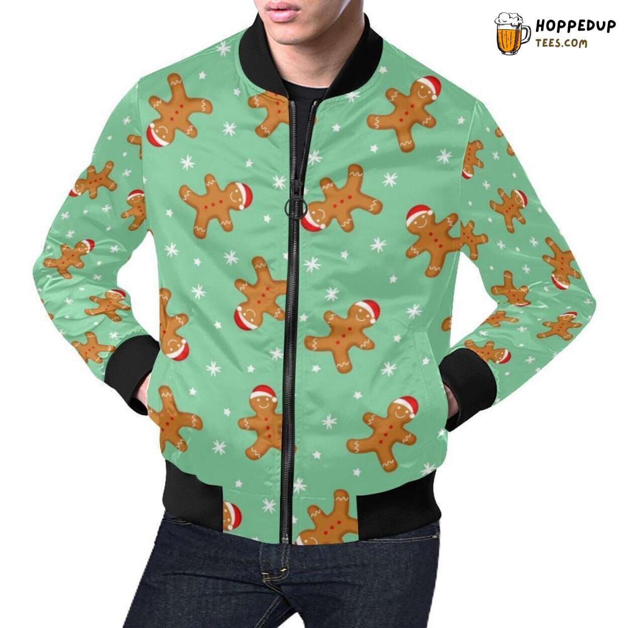 Classic Christmas Gingerbread Man Print Men’s Bomber Jacket Style Classic Christmas Gingerbread Man Print Men’s Bomber Jacket Style
