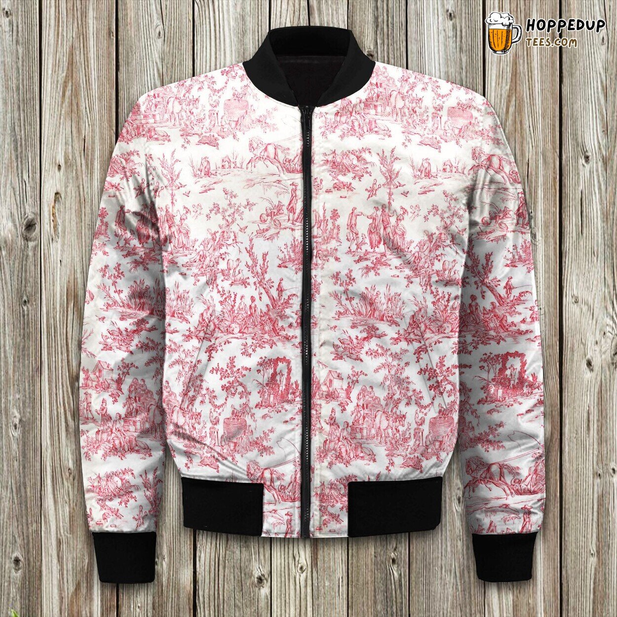 Classic French Toile Print Winter Bomber Jacket Vintage Sophistication