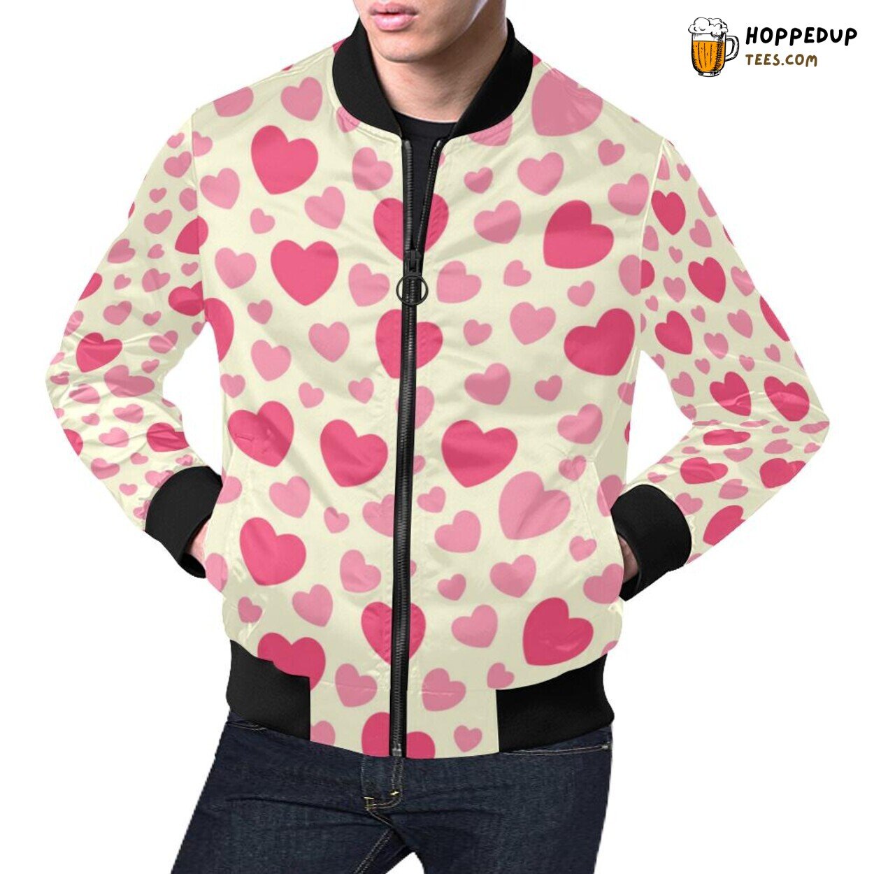 Classic Heart Print Pattern Styled Men’s Fashion Bomber Jacket