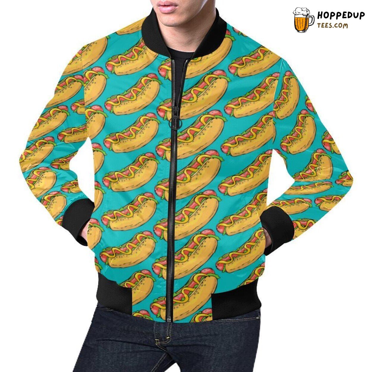 Classic Men’s Bomber Jacket with Iconic Hot Dog Print Pattern Design