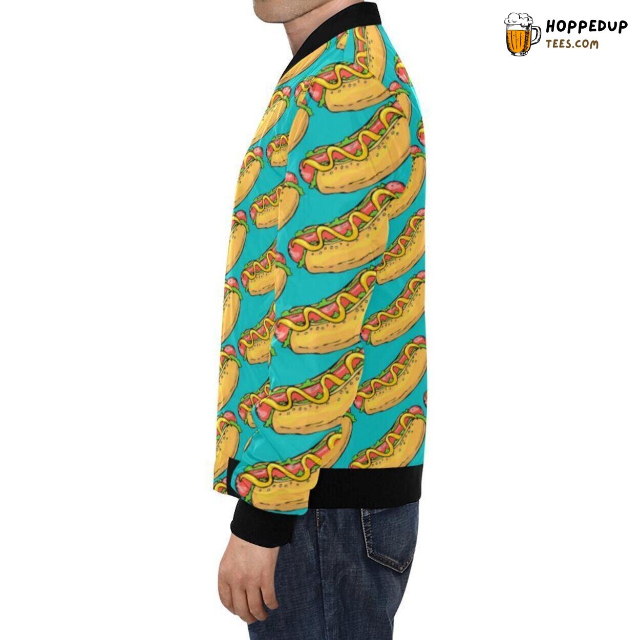 Classic Men’s Bomber Jacket with Iconic Hot Dog Print Pattern Design