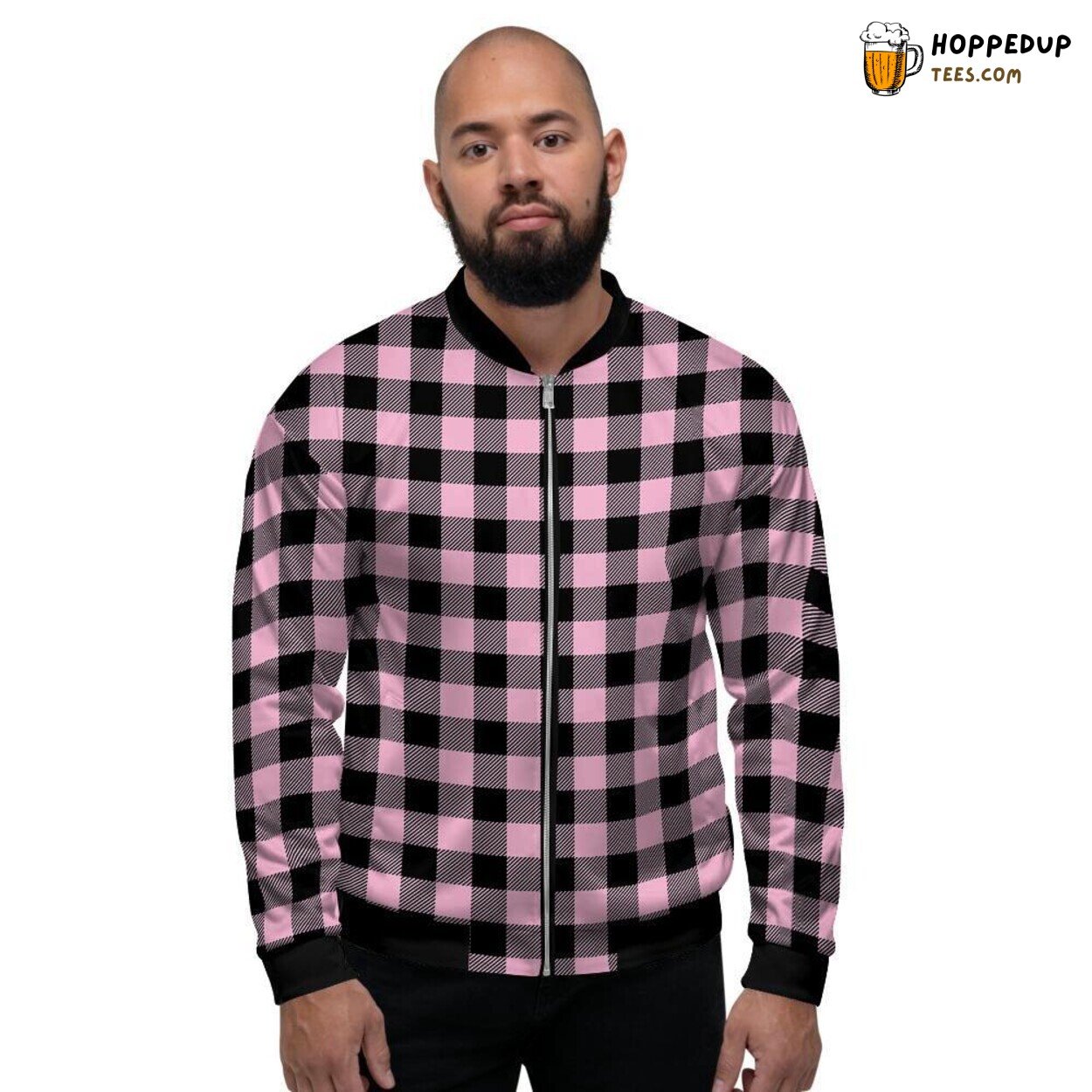 Classic Pink Plaid Pattern Design Men’s Bomber Jacket Checkered Artistry Display Classic Pink Plaid Pattern Design Men’s Bomber Jacket Checkered Artistry Display