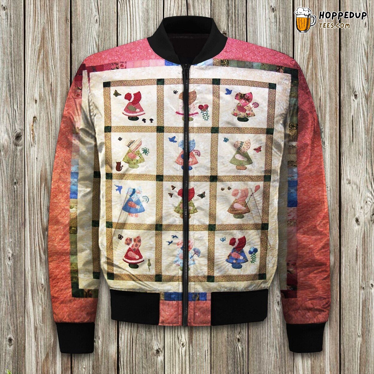Classic Sunbonnet Sue Embroidery Winter Bomber Jacket Vintage Elegance