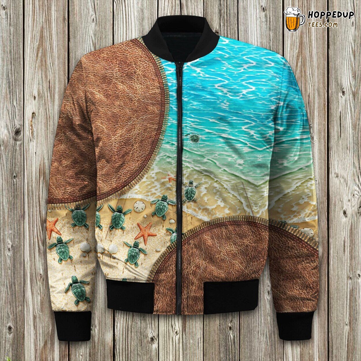 Classic Turtle Style Design Winter Bomber Jacket Oceanic Grace Meets Frost