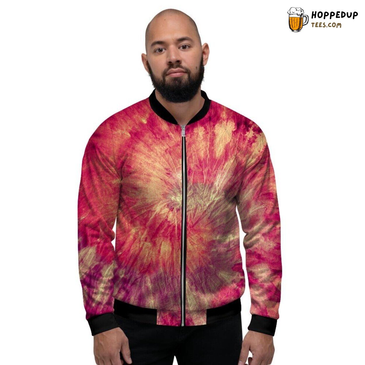 Classic Vibrant Red Tie Dye Men’s Bomber Jacket Swirling Artistic Design Look