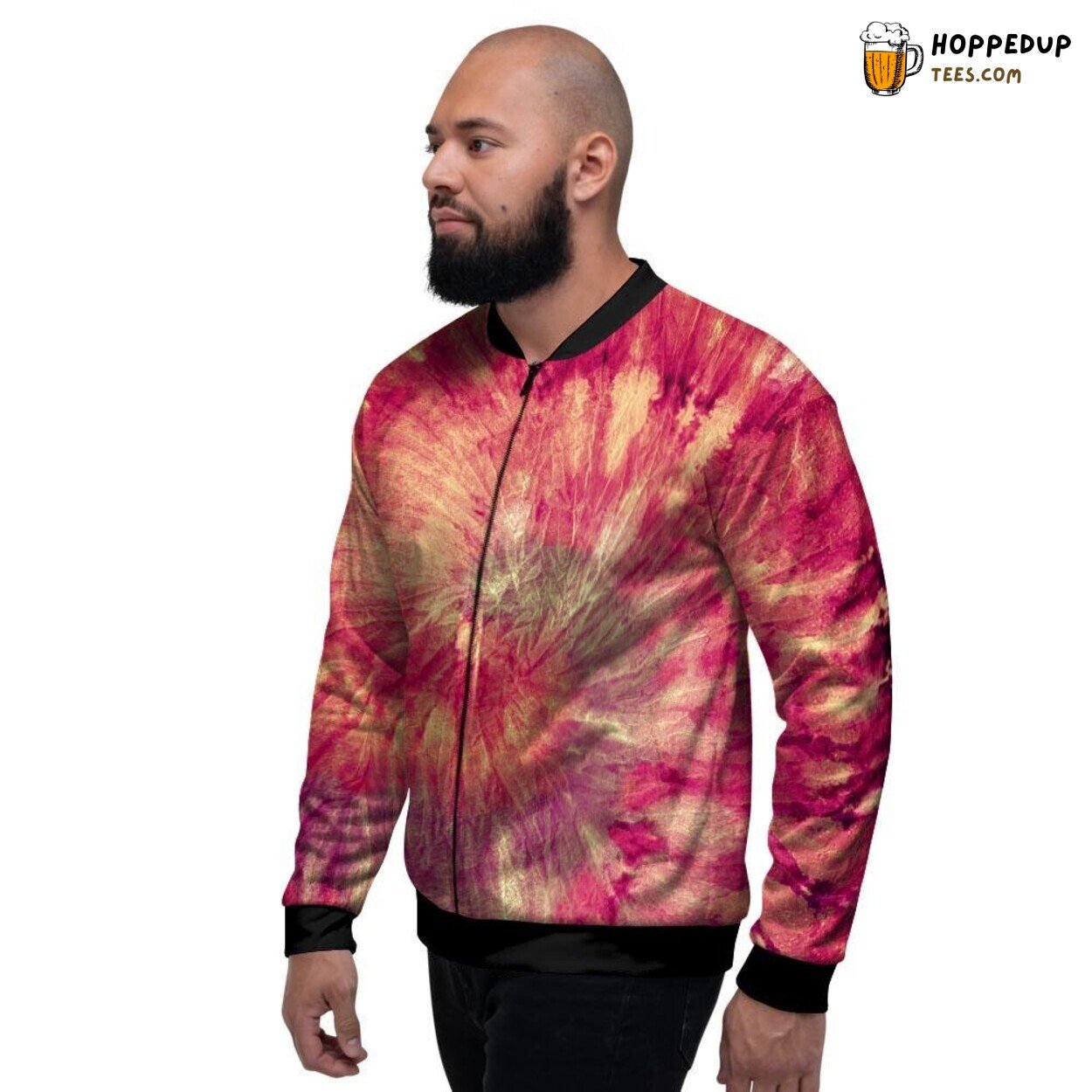 Classic Vibrant Red Tie Dye Men’s Bomber Jacket Swirling Artistic Design Look