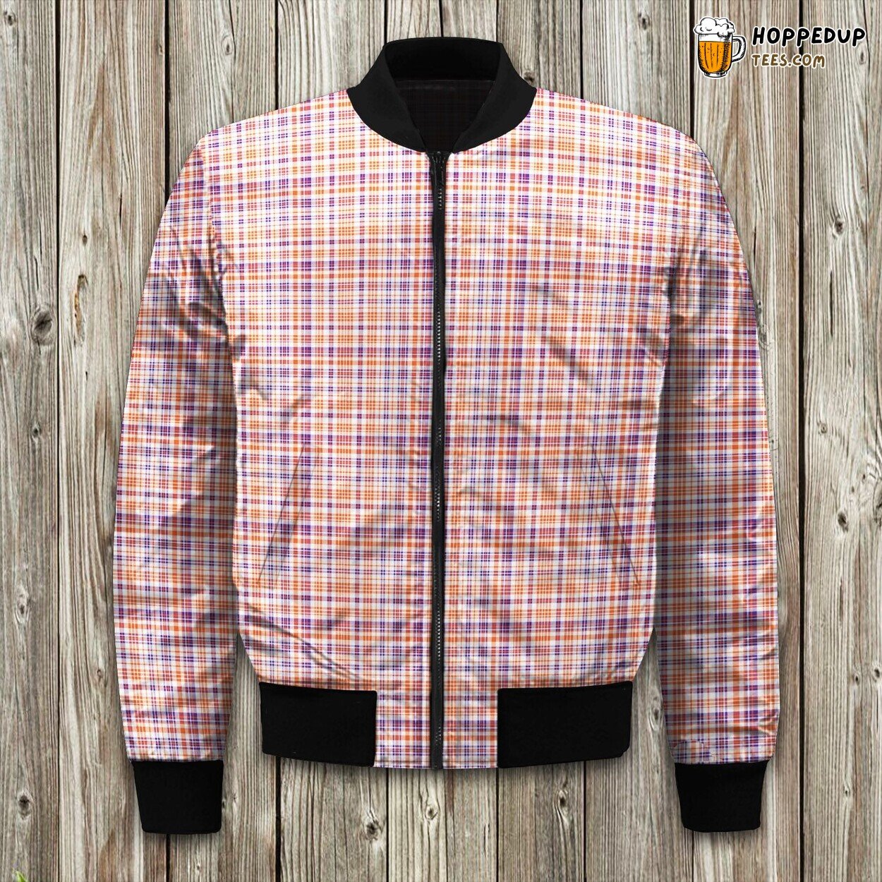 Clemson Inspired Winter Bomber Jacket Orange Purple Plaid Warmth