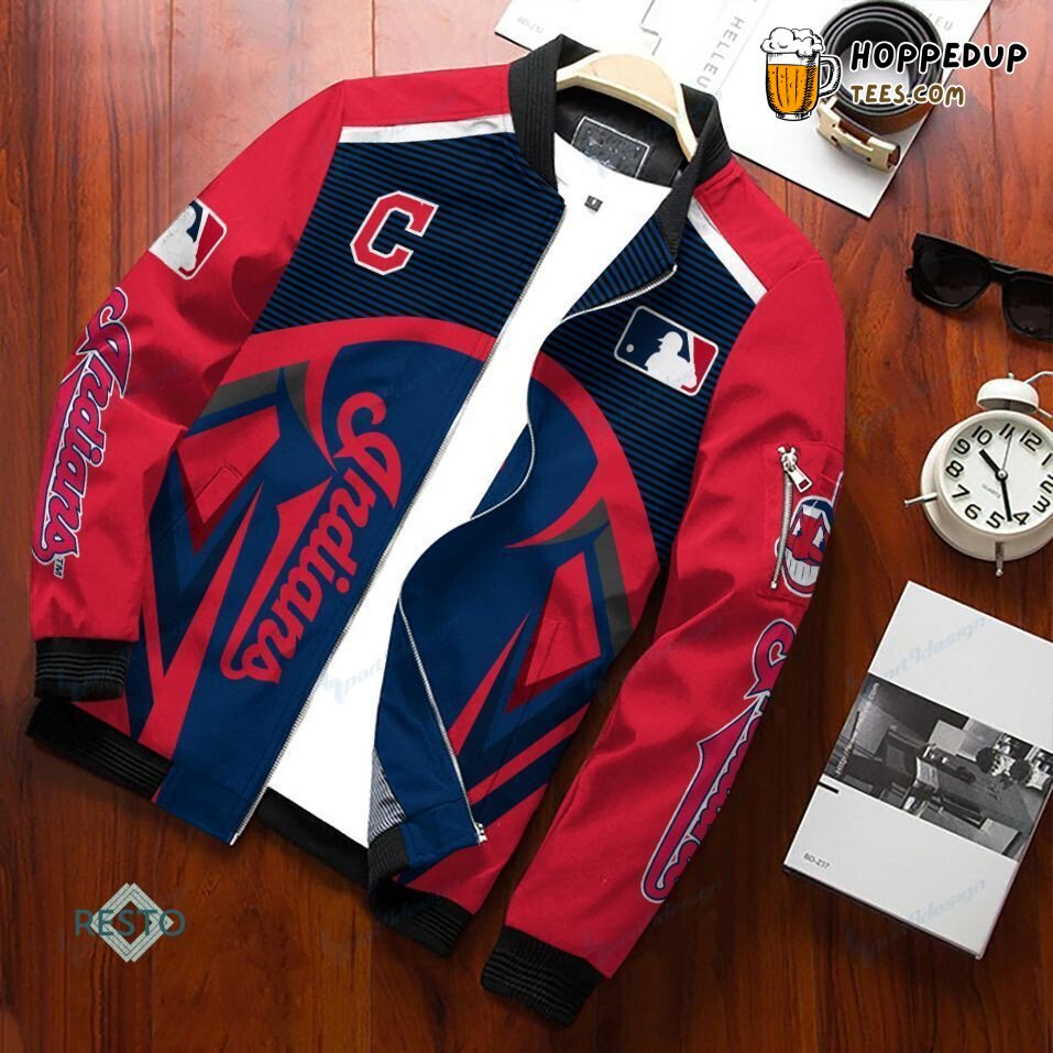 Cleveland Indians MLB Traditional Red Navy Bomber Jacket Trim