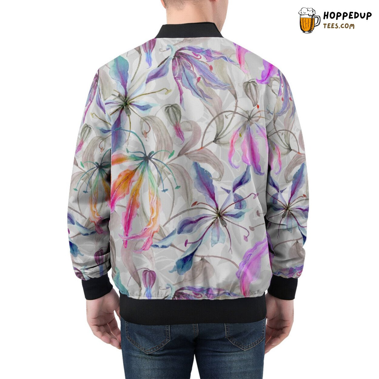 Climbing Lily Flowers Embrace Leaves in Men’s Bomber Jacket Tale