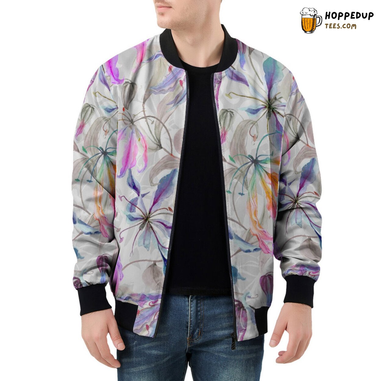 Climbing Lily Flowers Embrace Leaves in Men’s Bomber Jacket Tale