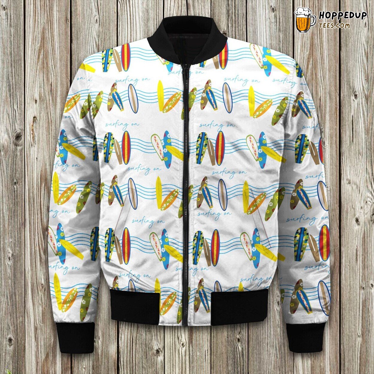 Coastal Breeze Surfboard Imagery Winter Bomber Jacket Beach Vibe