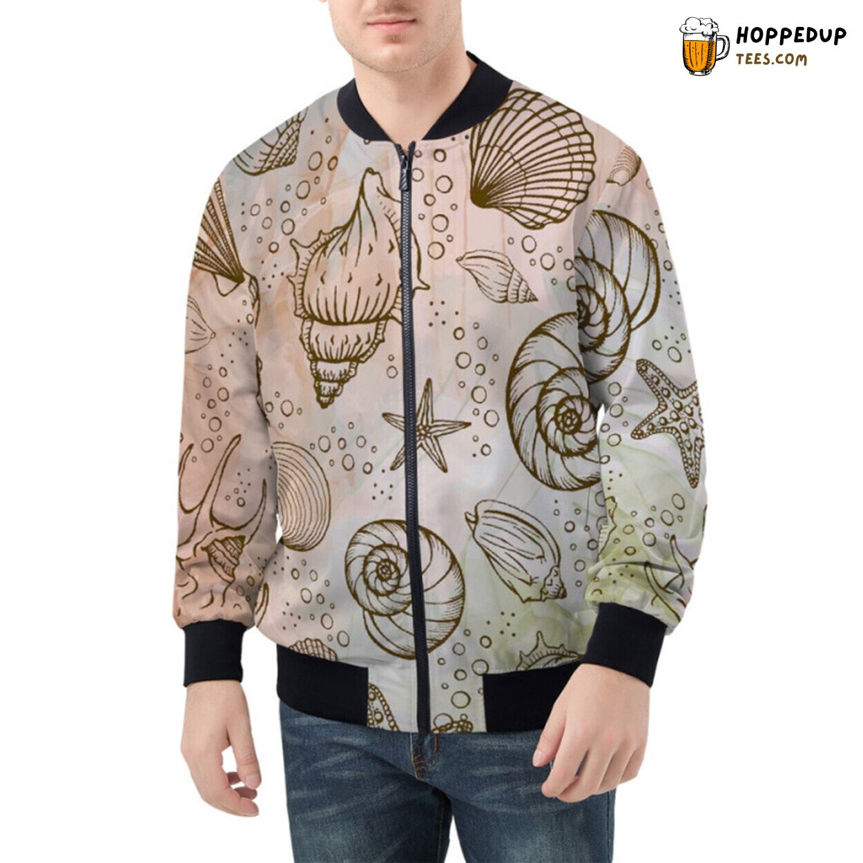 Coastal Memories Evoked by Seashells Starfish Combo Bomber Jacket