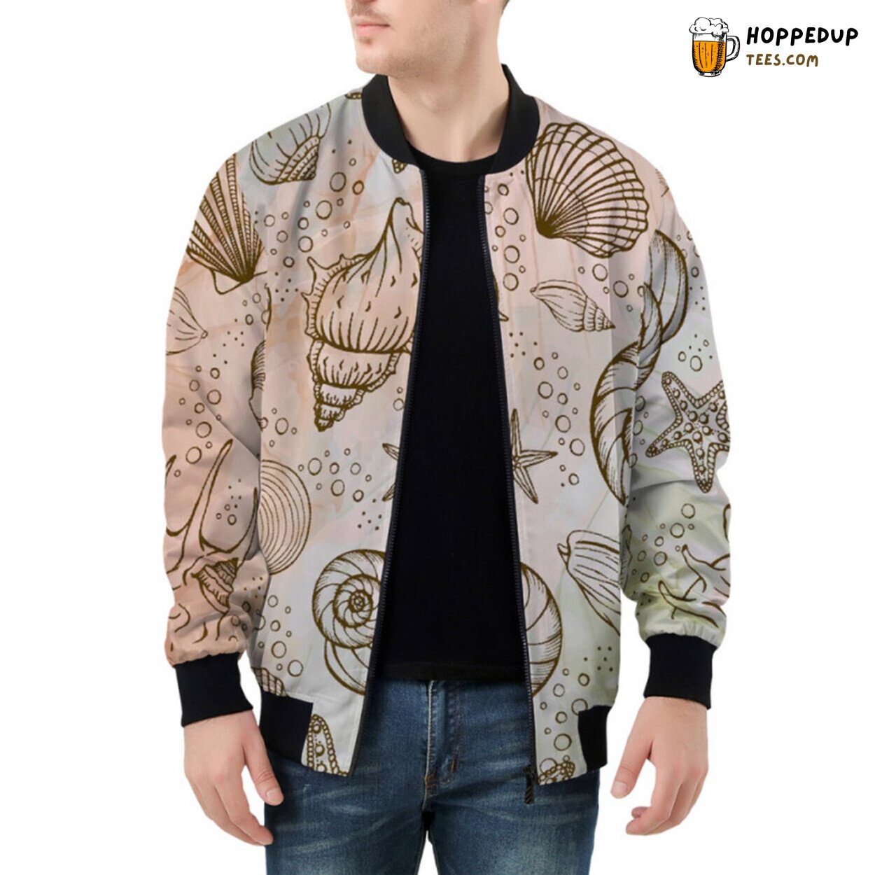 Coastal Memories Evoked by Seashells Starfish Combo Bomber Jacket