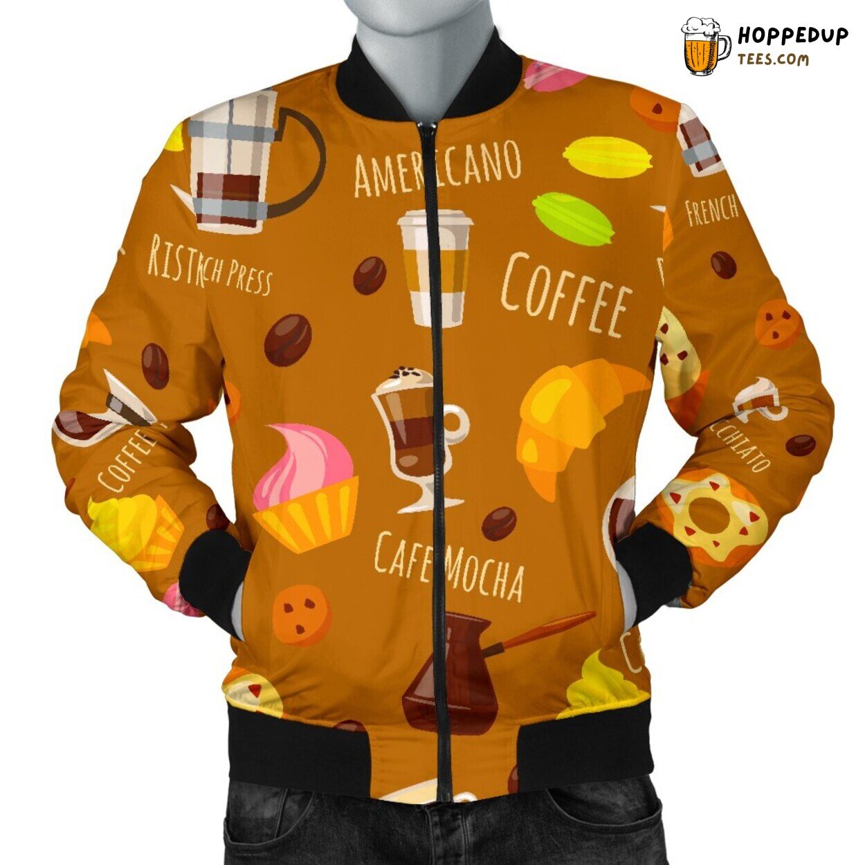 Coffee Assortment Display Men’s Bomber Jacket Beverage Art Design Elegance