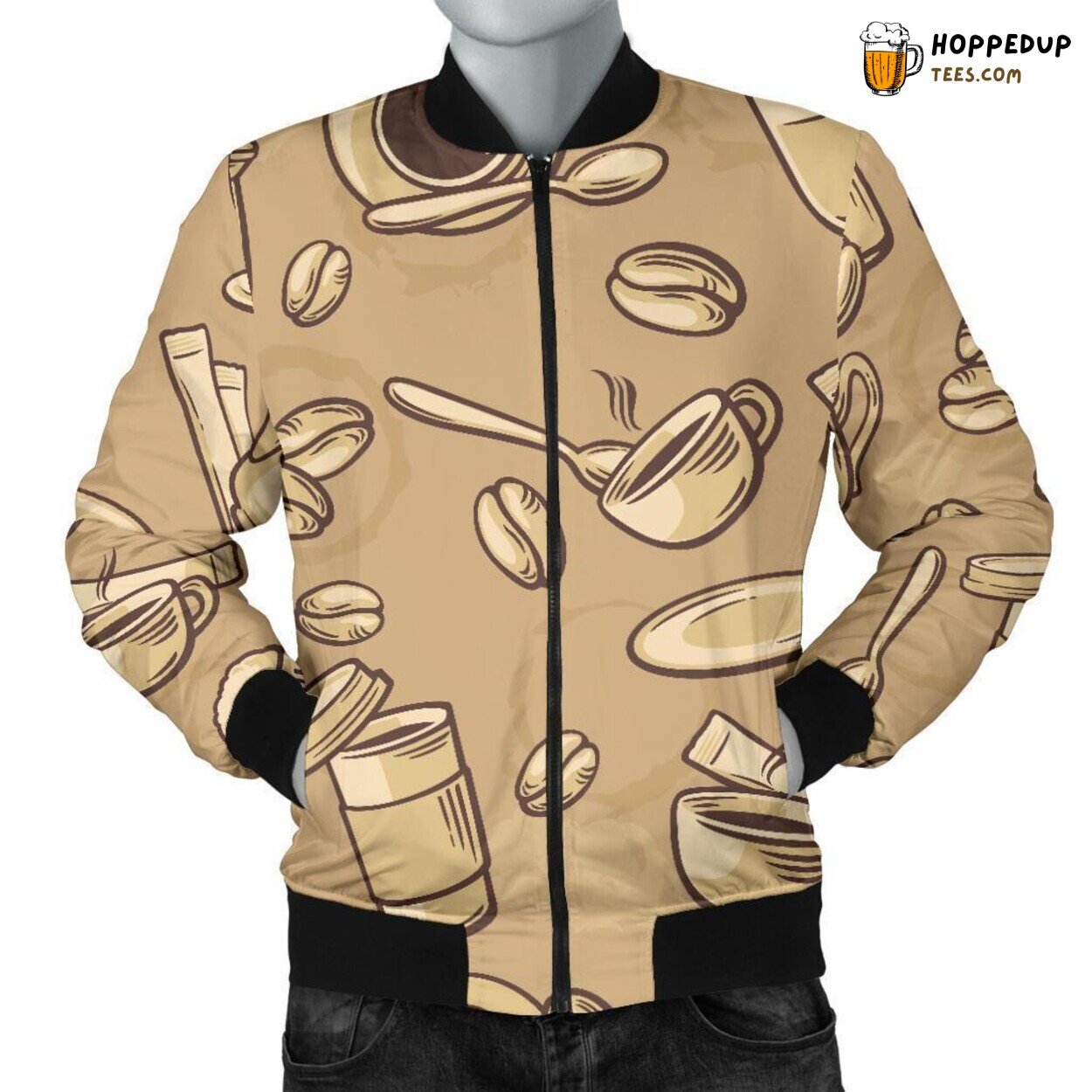 Coffee Delight Essence Men’s Bomber Jacket Unique Pattern Design Display
