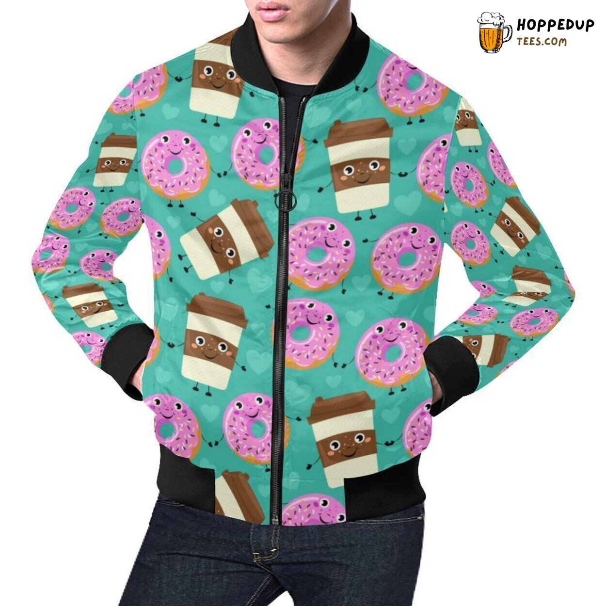 Coffee Themed Donut Pattern Men’s Bomber Jacket Unique Design Look