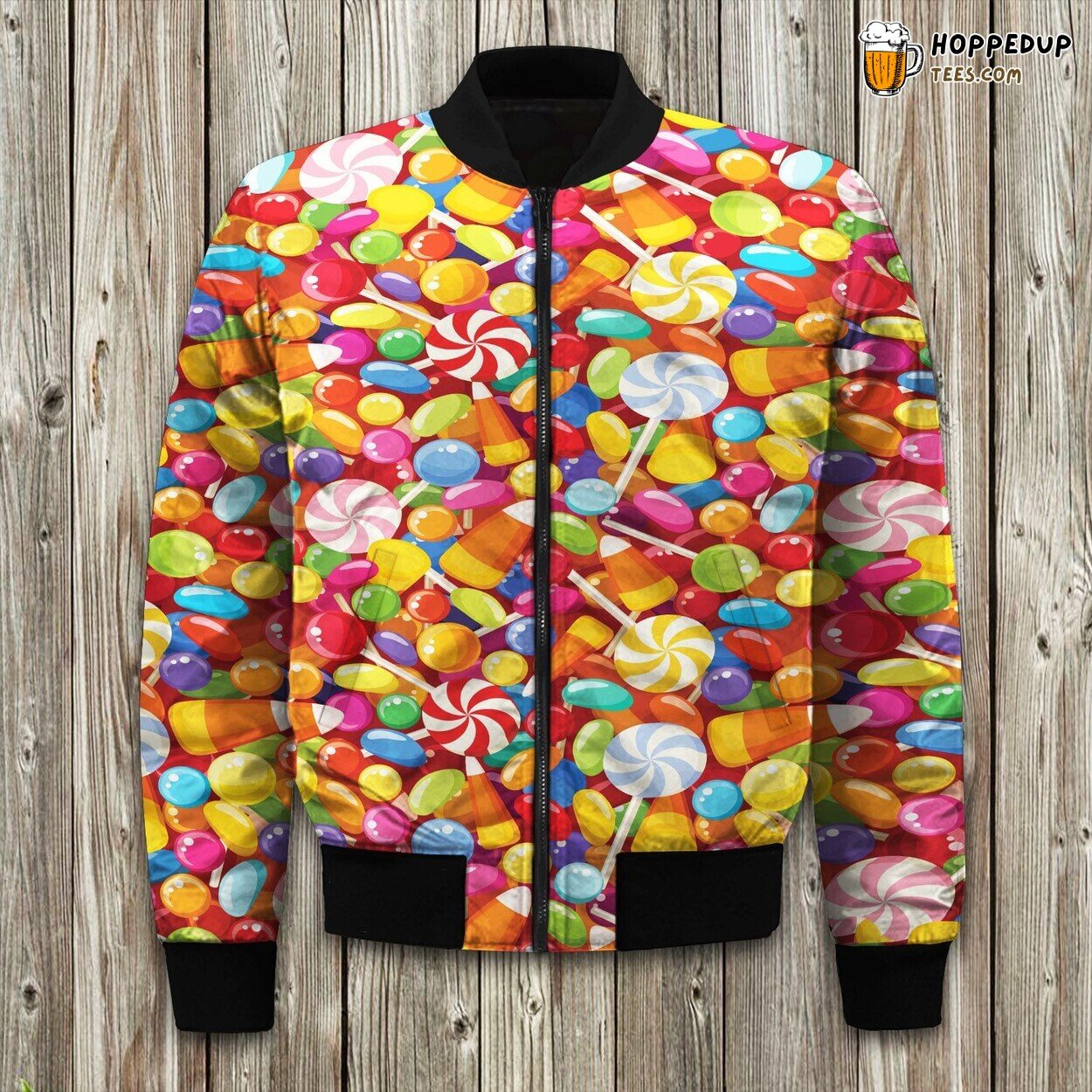 Colorful Candy Assortment Winter Bomber Jacket Sweet Delight Design