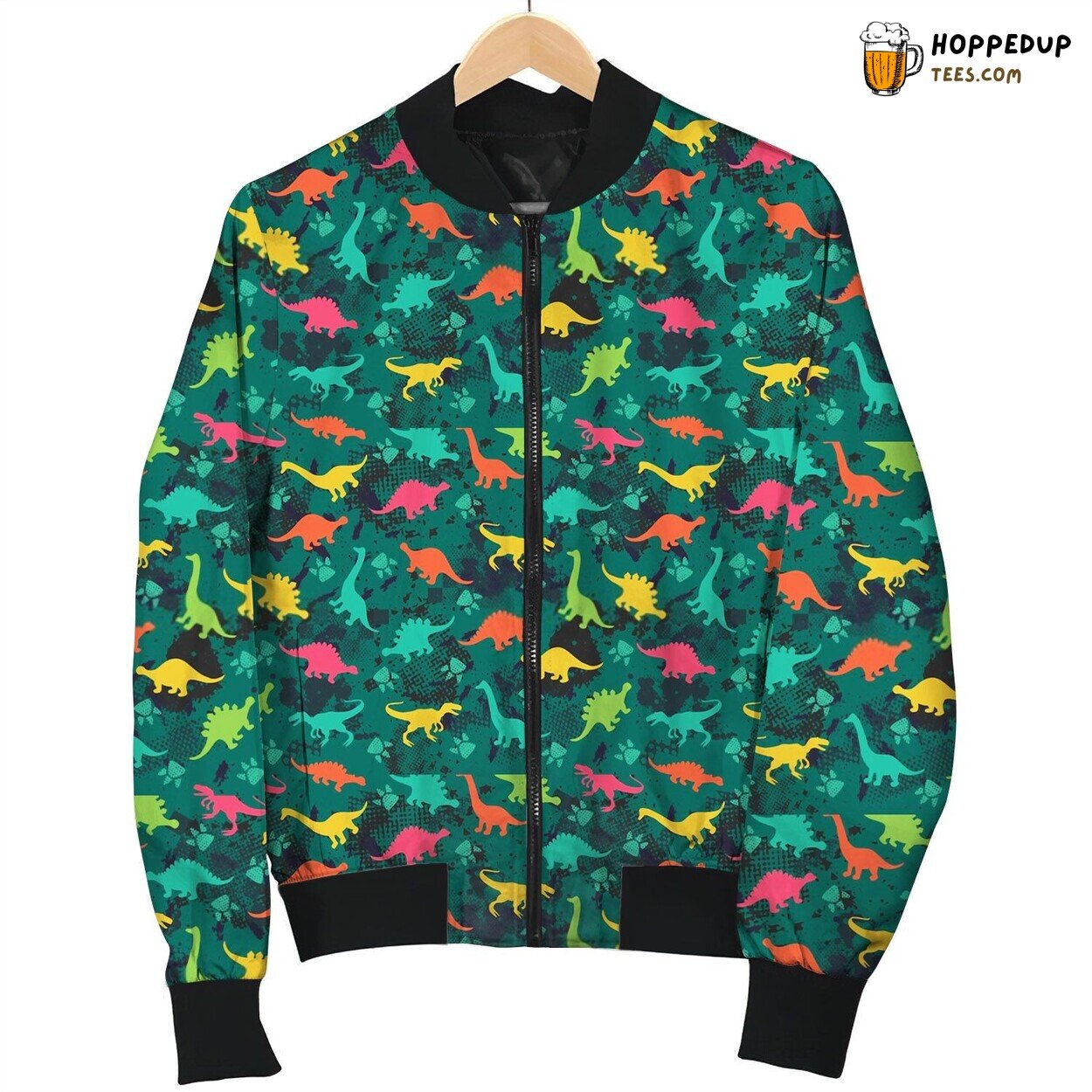 Colorful Dinosaur In Green Background Bomber Jacket
