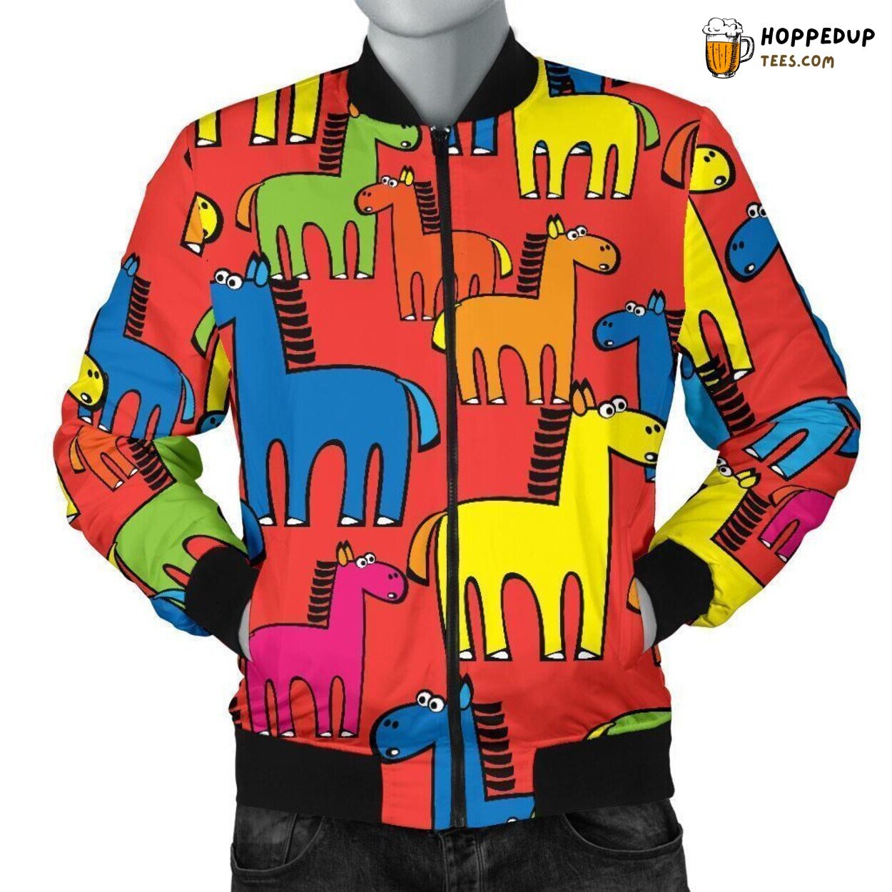 Colorful Equestrian Tribute Men’s Bomber Jacket Unique Design Pattern Art